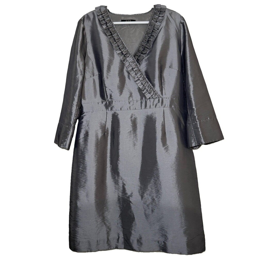 Alex Marie Wanda Slate Gray Satin Shantung Faux Wrap Dress Ruffle Beltless L XL